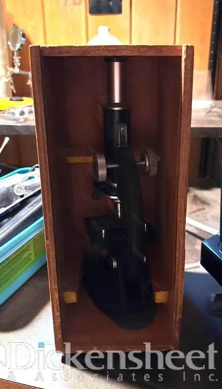 MICROSCOPE WITH WOOD STORAGE CABINET