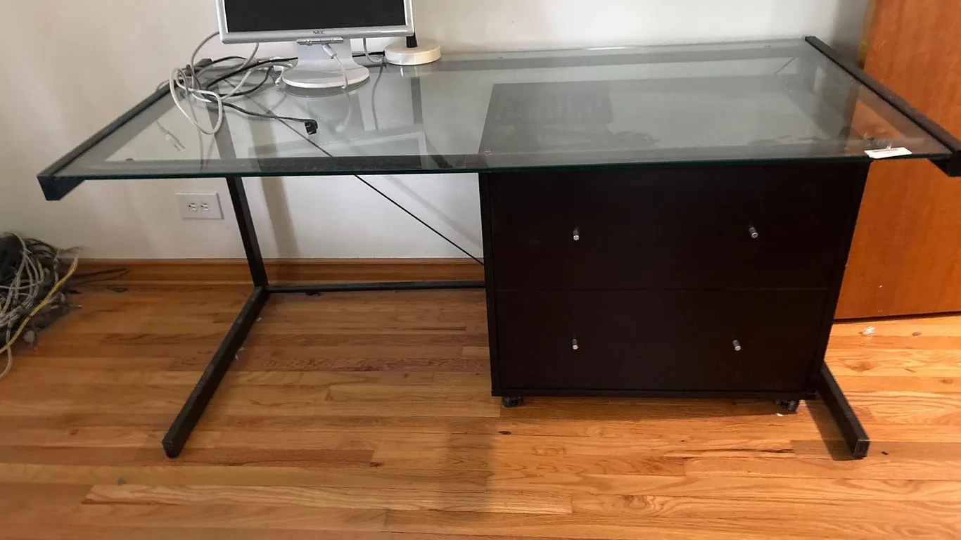 GLASS TOP OFFICE DESK WITH FILE CABINETS