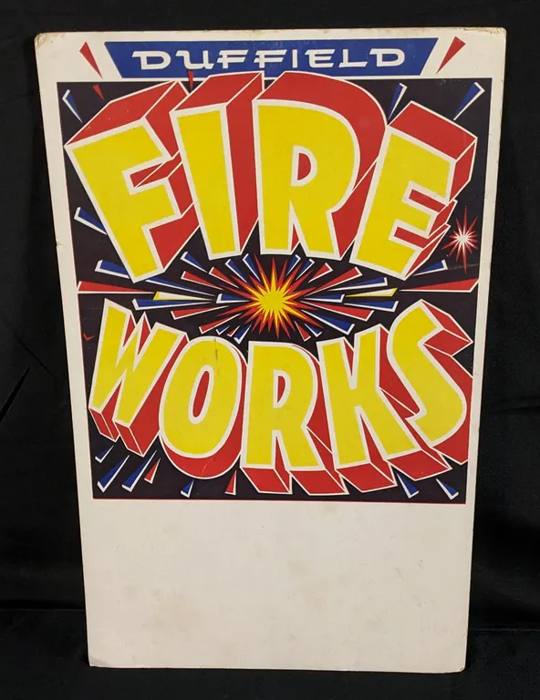 VINTAGE CARDSTOCK FIREWORKS SIGN DUFFIELD FIRE WORKS