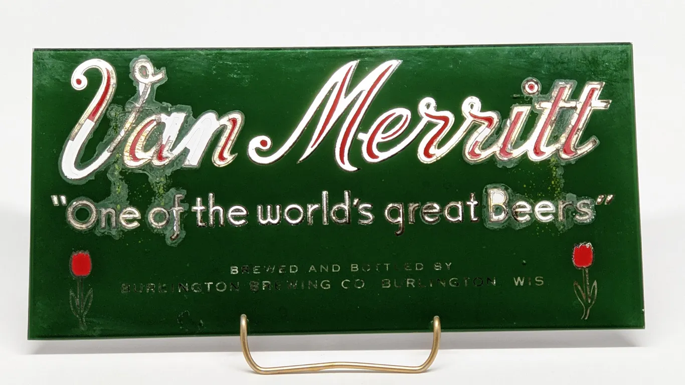 RPOG GLASS SIGN VAN MERRITT BEER BURLINGTON WISCONSIN