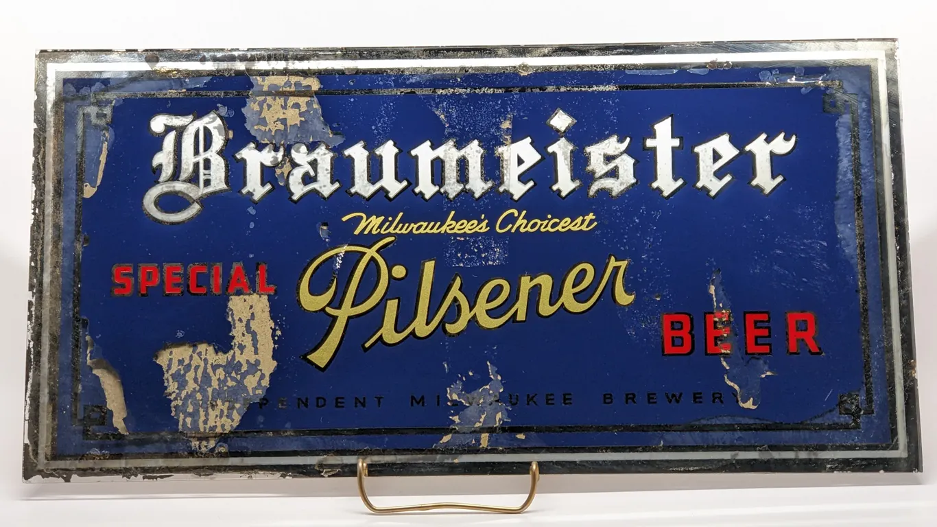 RPOG GLASS SIGN BRAUMEISTER SPECIAL PILSENER BEER MILWAUKEE WISCONSIN