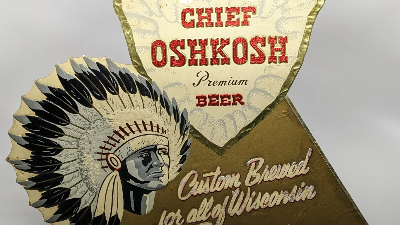 EMBOSOGRAF CARDSTOCK SIGN CHIEF OSHKOSH PREMIUM BEER WISCONSIN