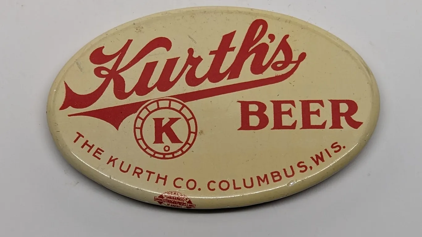 CELLULOID TAP MARKER SIGN KURTH'S BEER COLUMBUS WISCONSIN