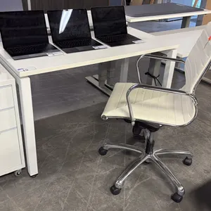 MODERN WHITE O-LEG OPEN BENCH DESK 3-DRAWER FILE PEDESTAL RIBBED CHAIR
