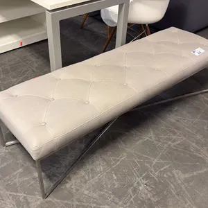 BUTTON-TUFTED BENCH TAUPE FAUX LEATHER UPHOLSTERY ANGLED GEOMETRIC STEEL BASE FRAME