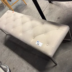 BUTTON-TUFTED BENCH TAUPE FAUX LEATHER UPHOLSTERY ANGLED GEOMETRIC STEEL BASE FRAME