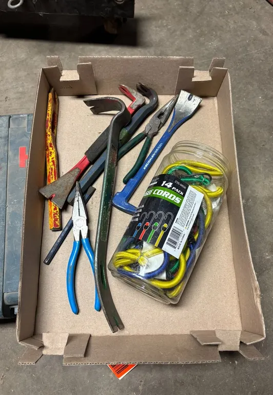 Bungee Cords, Prybar, and Pliers
