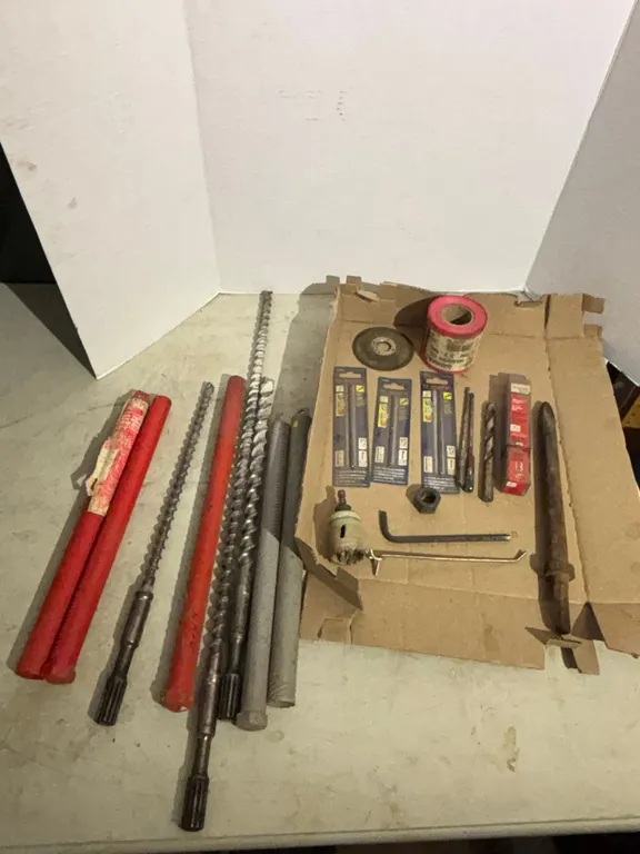 (6) Assorted Drill Bits, Hole Saw Bit, 6 1/2" Auger Bit and Danger Tape