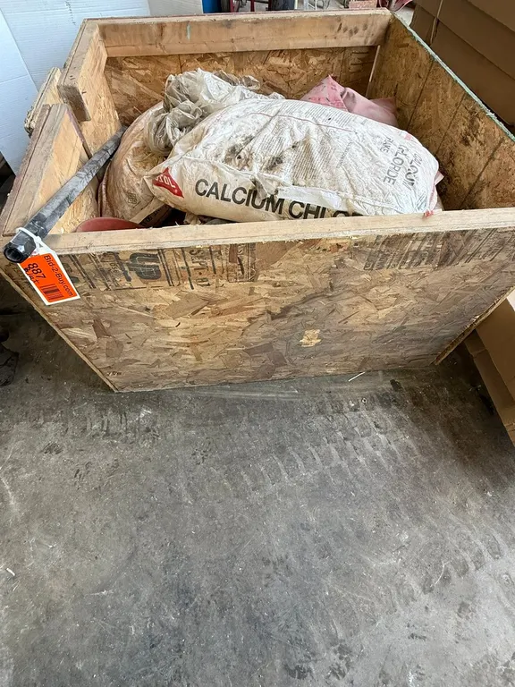 Pallet of Calcium Chloride, Funnel, and Tarps