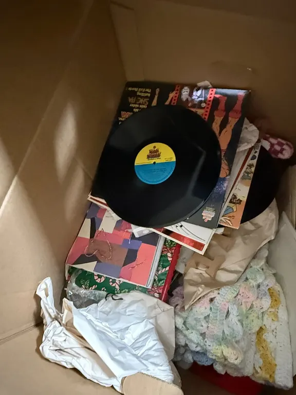 Box of Children's Toys and Records, and Blankets