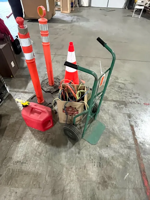 Two Wheeler, Gas Can, Electrical Cords and (5) Safety Cones