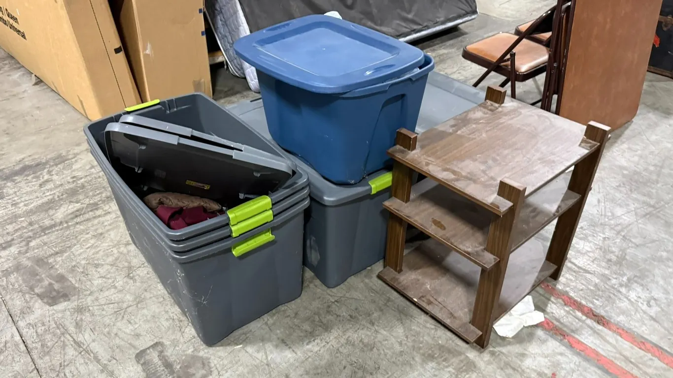 (4) Totes with Contents and Side table