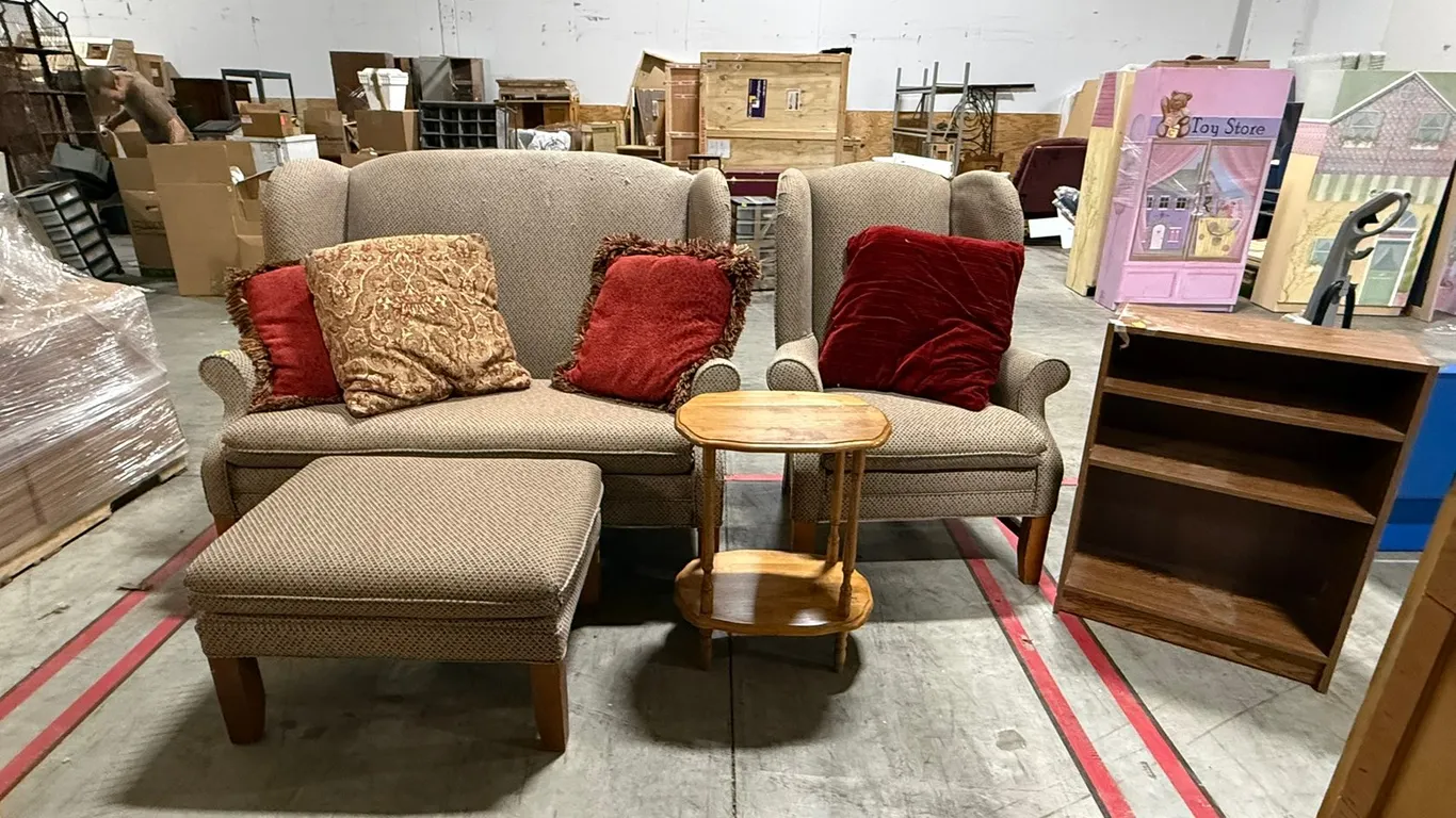 Sitting Chair, Ottoman, (2) Side Tables, Mirror, Sofa and Bookshelf