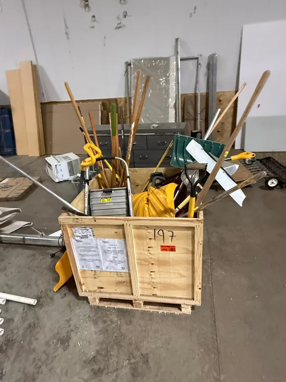 Crate of Shovels, Brooms, Ladder and Other Tools