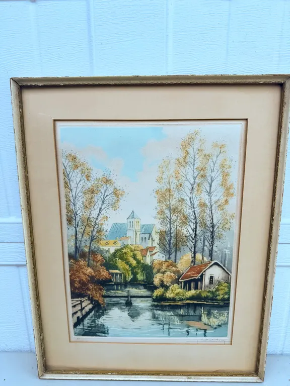 Signed Framed Village & River Landscape Print