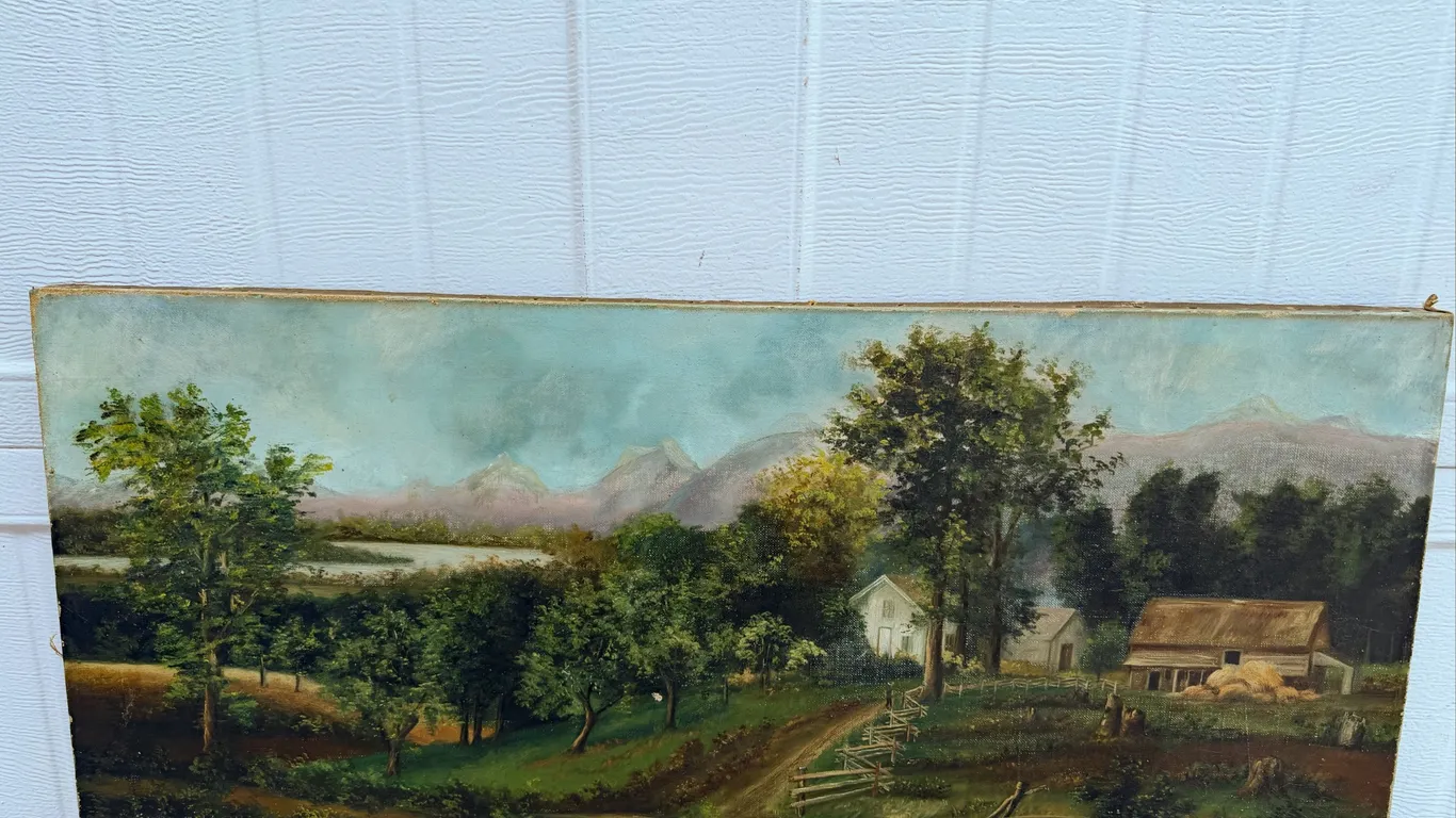 Farmhouse & Mountain Lake Landscape Painting