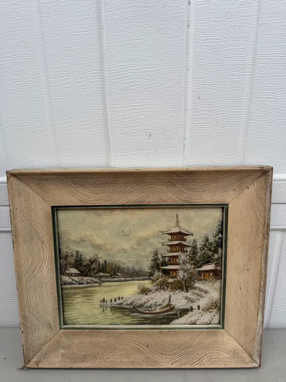 Framed Embroidered Pagoda Winter Scene