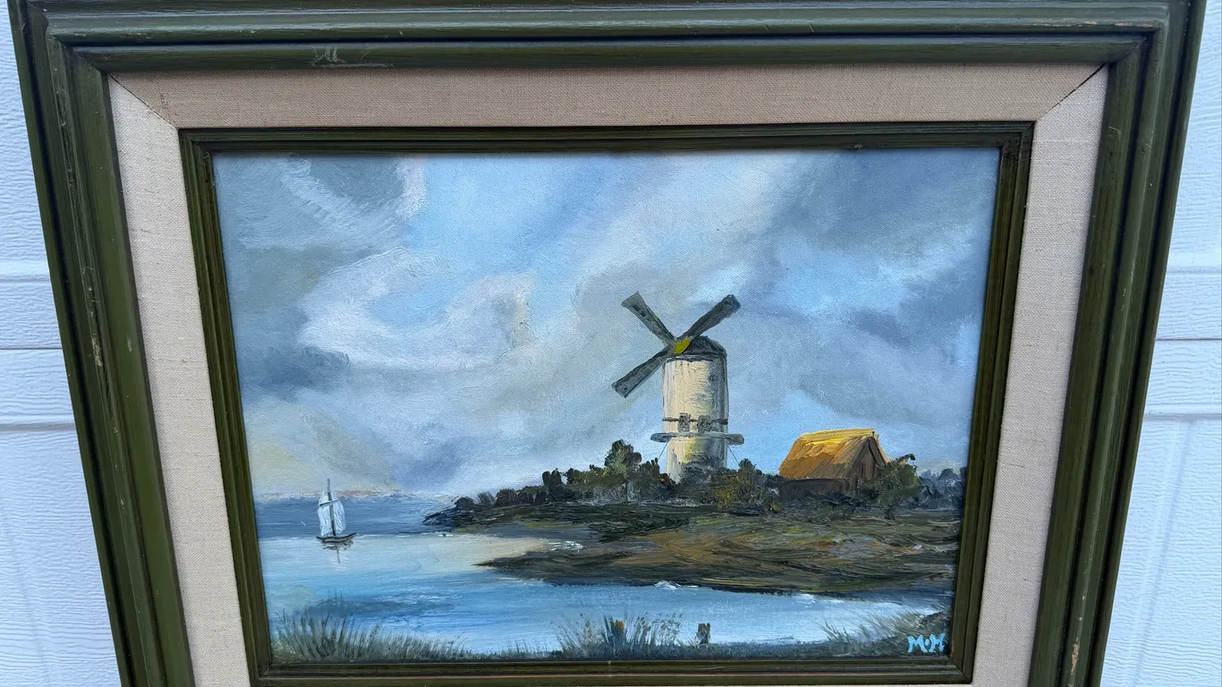 Windmill & Sailboat Oil Painting, Initialed