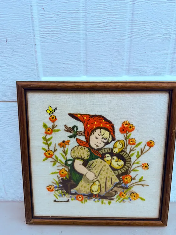 Framed Hummel-Style Child Embroidery