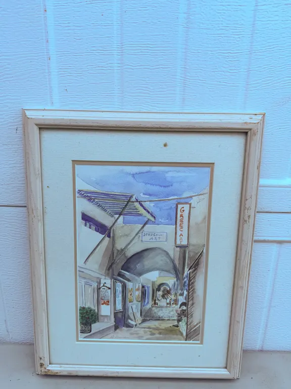 Framed Greek Street Scene Watercolor