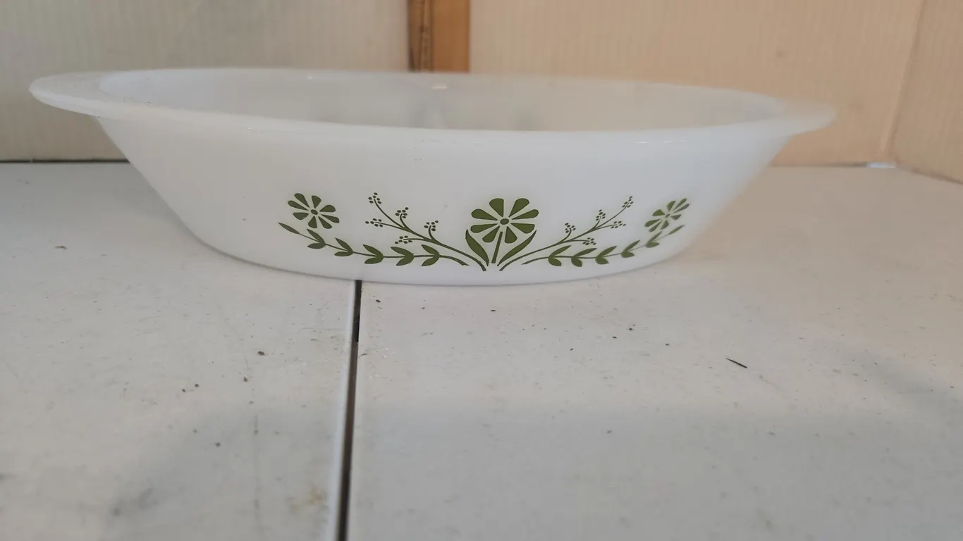 Vintage Glasbake Divided Baking Dish Casserole Dish White Green Flowers
