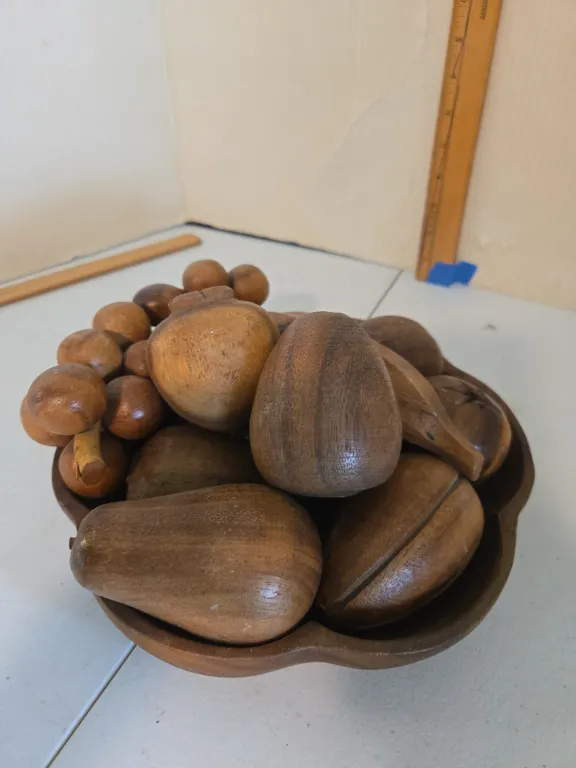 Vintage monkey pod brand wooden bowl and carved fruit set
