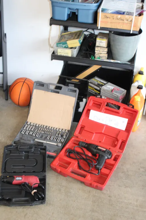 Drills, Driver, Sockets & Shelf Contents