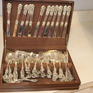 Ornate Silverplate Flatware Set with Wood Case