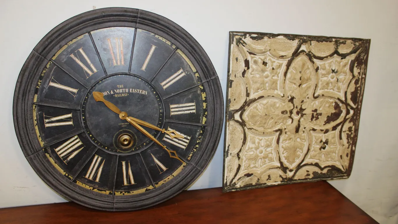 Railway-Style Wall Clock and Embossed Metal Panel