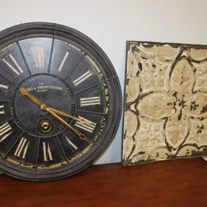 Railway-Style Wall Clock and Embossed Metal Panel
