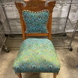 Wood Chair with Inlaid Motif and Patterned Upholstery