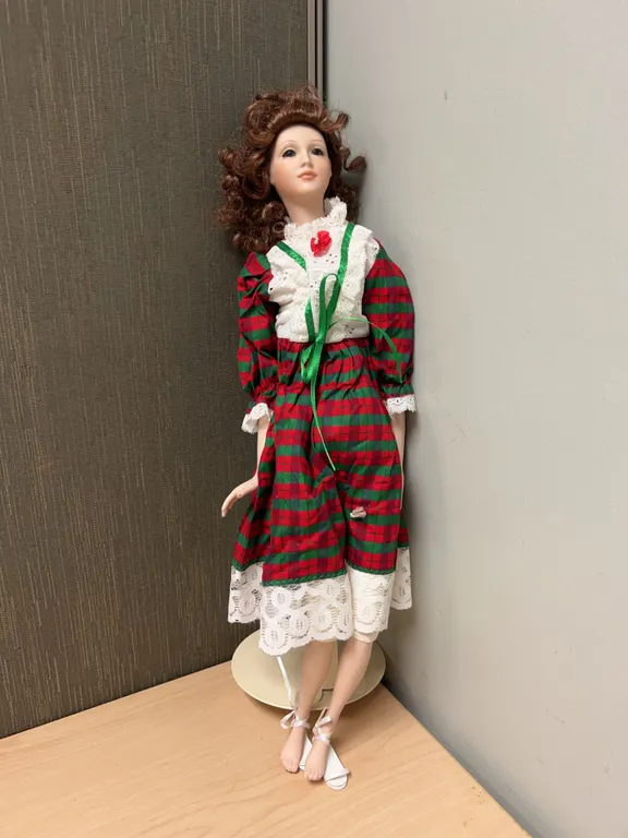 Porcelain Doll in Plaid Dress with Stand and Ribbon Shoes