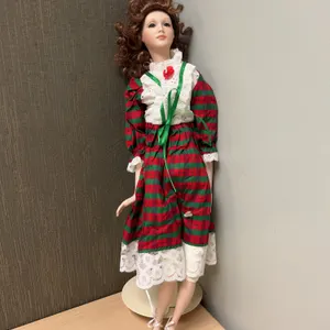 Porcelain Doll in Plaid Dress with Stand and Ribbon Shoes