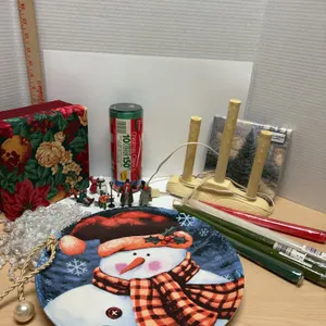 Holiday Decor Lot: Plate, Figurines, Candles, Napkins
