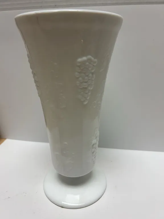 White Pressed Glass Vase with Grape Vine Relief
