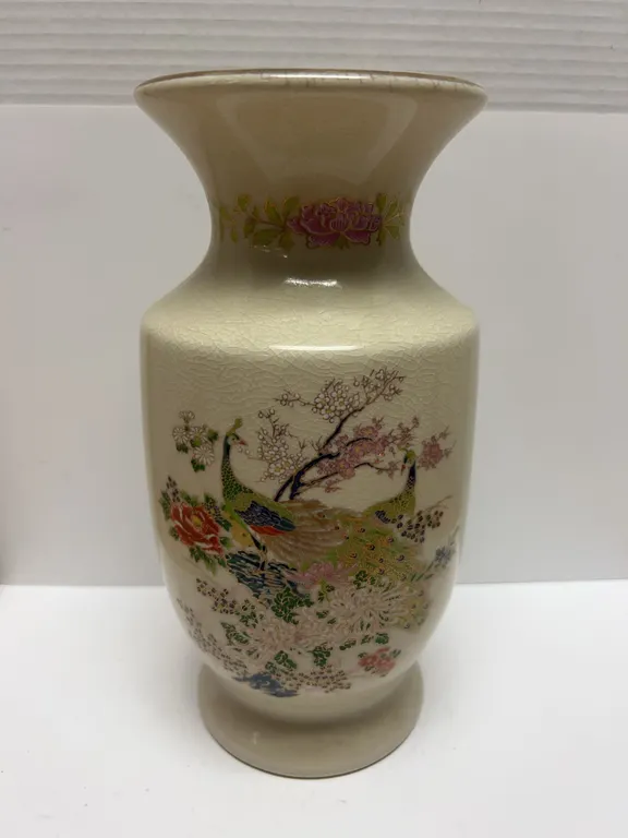 Japanese Crackle Glaze Vase with Peacocks and Florals