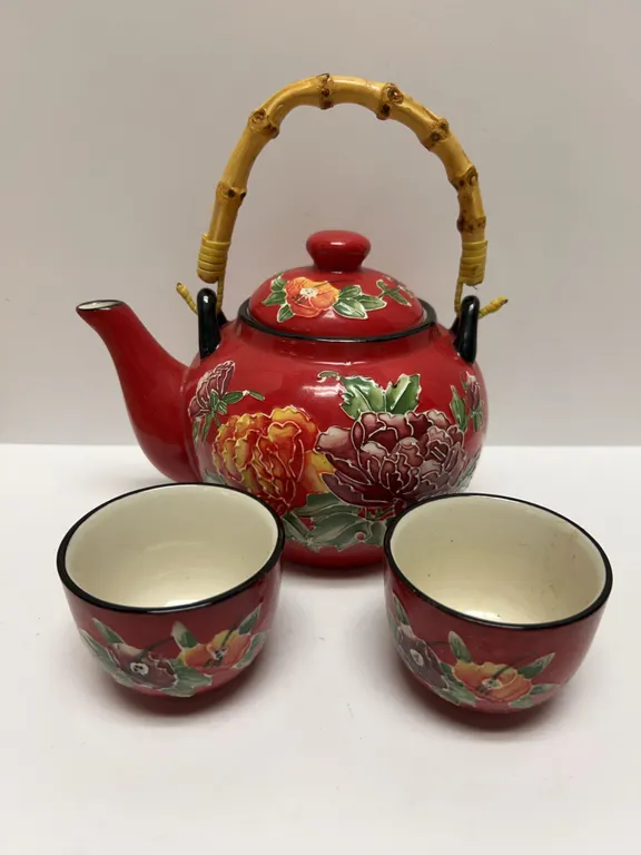 Pier 1 Imports Peony Stoneware Teapot and Tea Cups Set