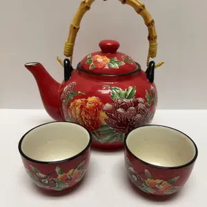 Pier 1 Imports Peony Stoneware Teapot and Tea Cups Set
