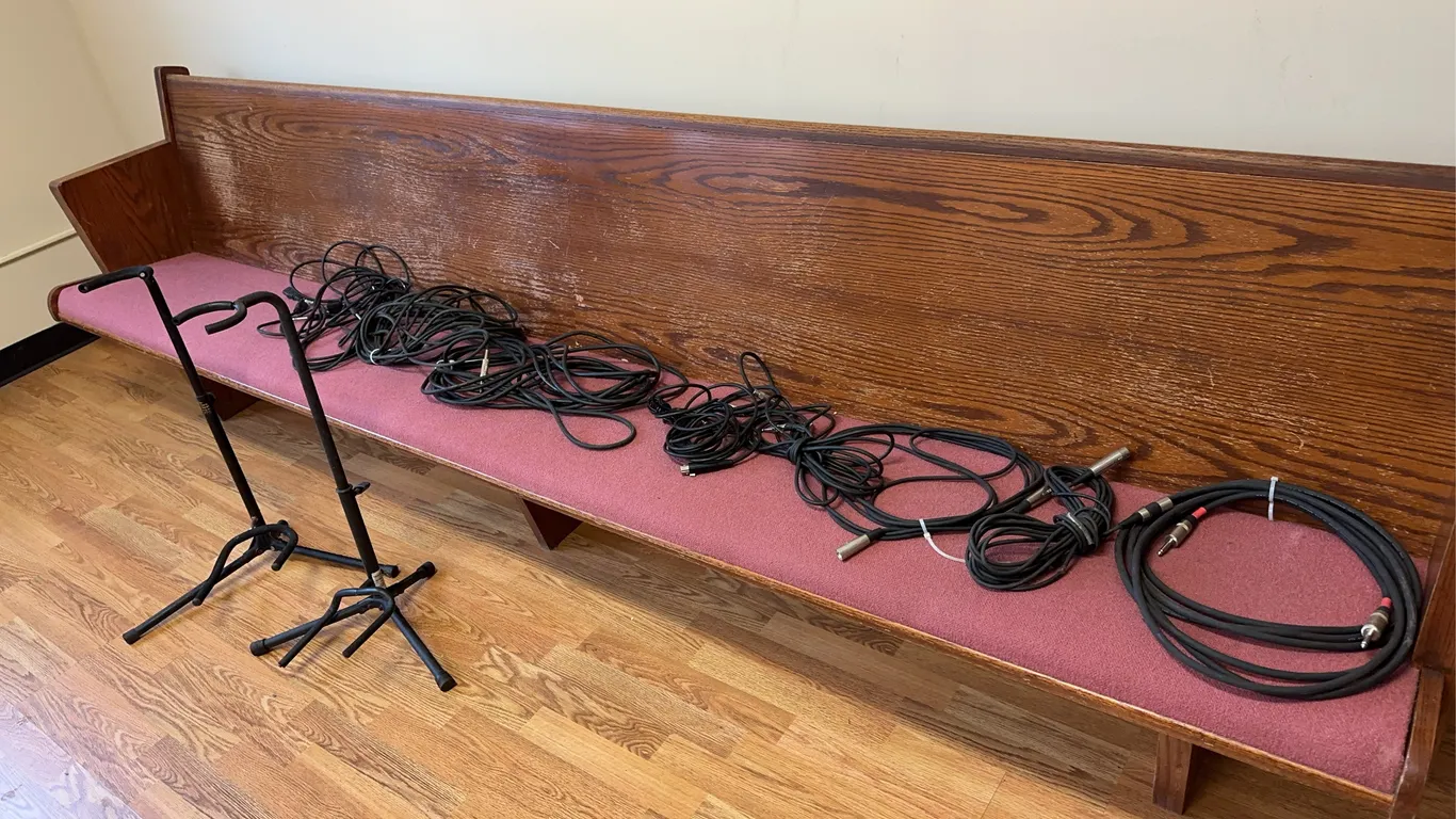 Misc audio/music cords and guitar stands
