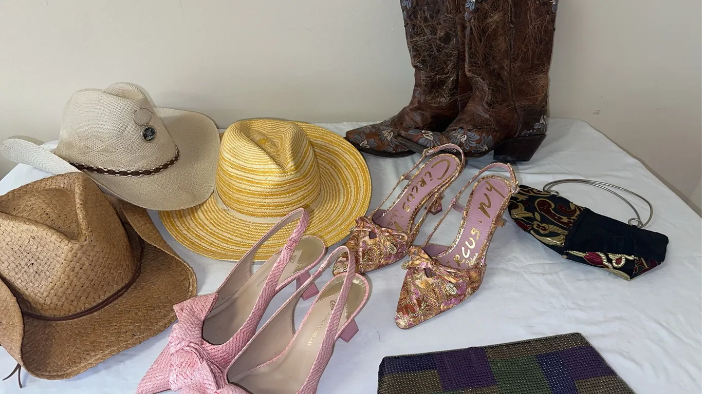 Ladies designer shoes, cowboy boots and hats, etc.