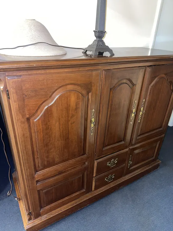 Wood entertainment/ storage cabinet, lamp, and more