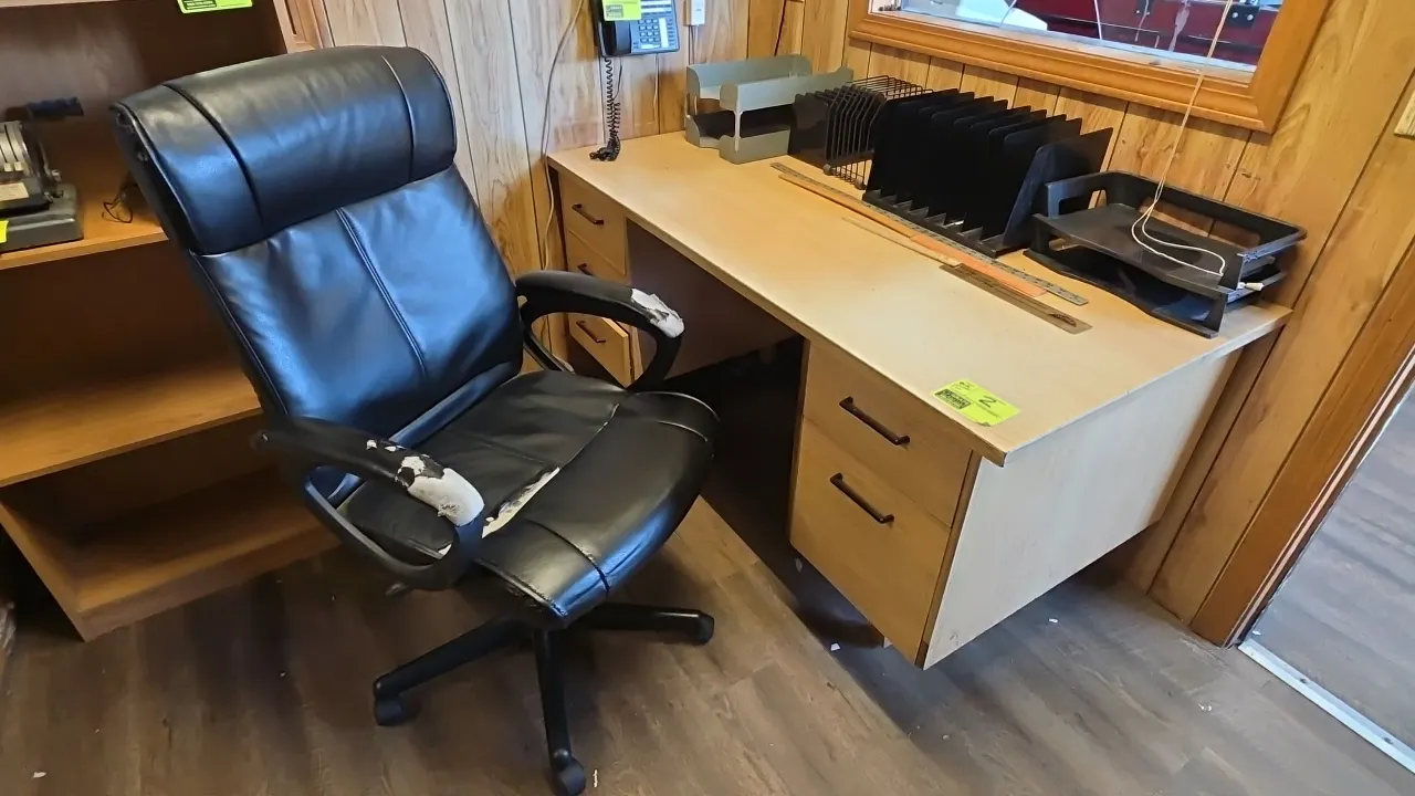 Wood laminate 5-drawer desk with office chair and desktop organizers. Desk features dual pedestals with 5 total drawers. 5'L. Includes high-back offic