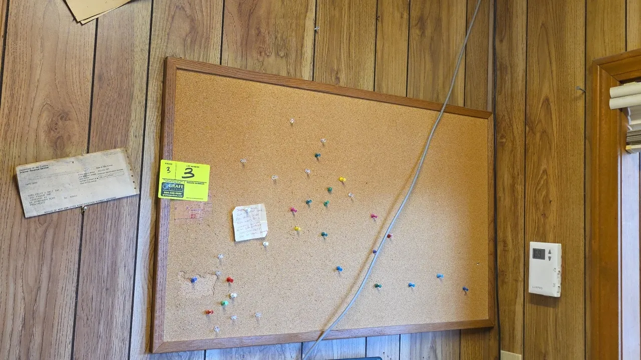Cork bulletin boards. Features natural cork tack surfaces with wood-tone frames. Wall mounted. Dimensions: 3' x 2' and 4' x 3'. Contents not included.
