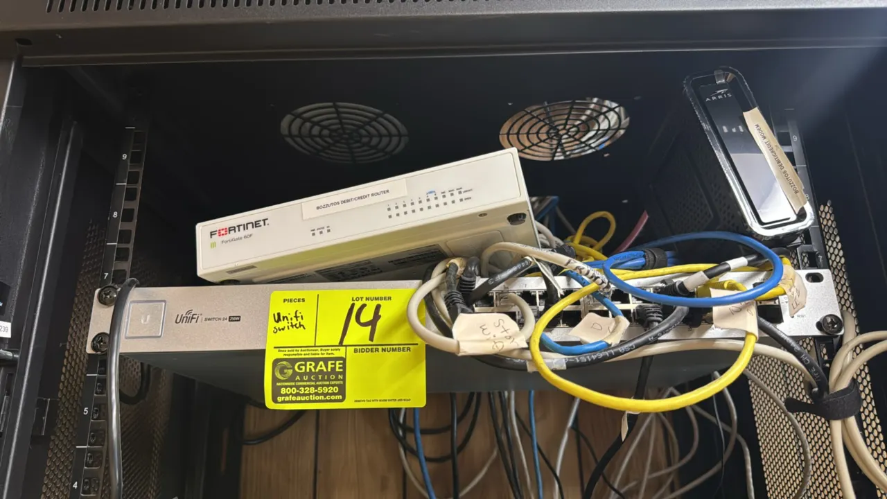Ubiquiti UniFi Switch 24 250W and Fortinet FortiGate 60F network security appliance. Features 24 Gigabit RJ45 ports, 2 SFP ports, and 250W power outpu