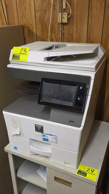 2019 Sharp MX-B355W digital multifunctional printer. Features touchscreen control panel, automatic document feeder, front USB port, and single paper c
