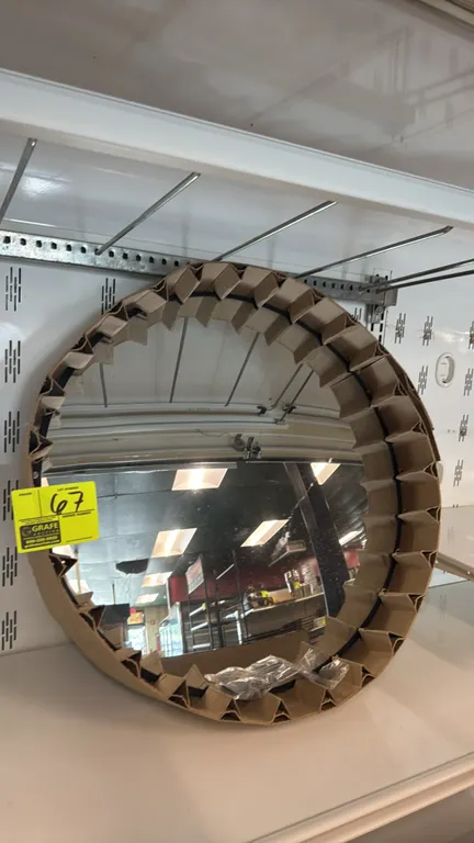 Uline H-1548-I indoor convex safety mirror. Circular design with protective edge trim. 26" Dia. Includes mounting bracket hardware.
