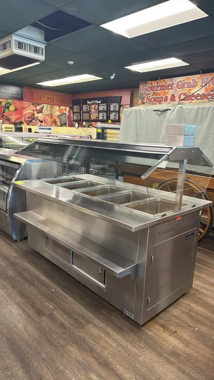 AFB Manufacturing MHFC7344-BP3-DR-ECB-FF-UO (84) stainless steel 5-well hot food buffet bar. Features (5) hot wells, glass sneeze guard canopy, tray s