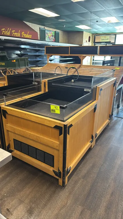 JSI RF-RBD0362-DA01 2-tier refrigerated self-contained produce merchandiser. Features wood-paneled exterior with corner brackets, perforated decks, cl