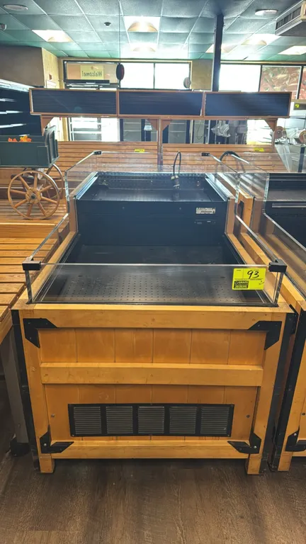 JSI Store Fixtures RF-RBD0362-DA01 refrigerated self-contained produce merchandiser. Features 2-tier display with black perforated deck panels and cle