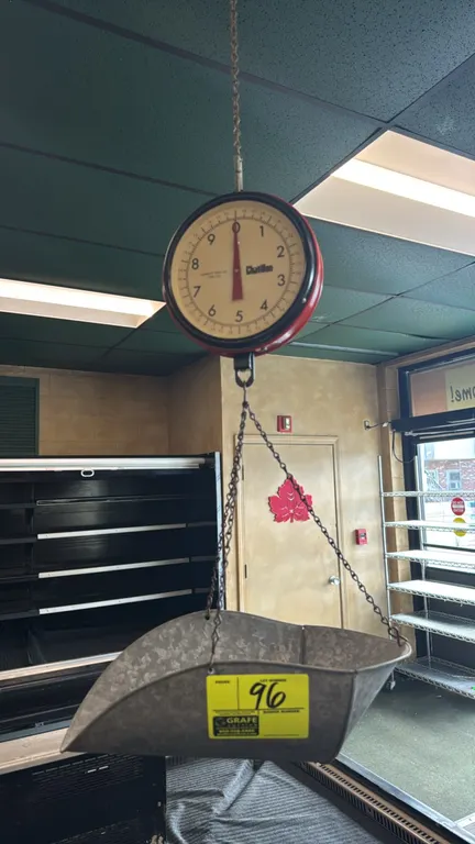 Chatillon Type 720 hanging produce scale. Features a 20 lb capacity with 1 oz graduations, analog dial display, red housing, and a galvanized metal sc